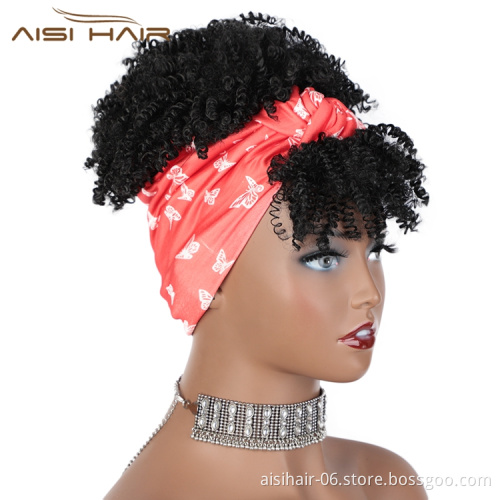 Aisi Hair Fluffy Drawstring Heat Resistant Rainbow Headband Kinky Curly Fringe Colorful Fibre Hair Cheap African Synthetic Wig